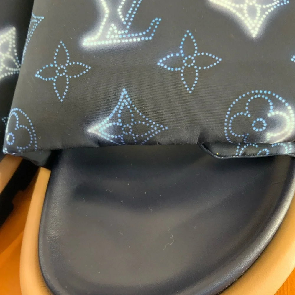 Pre Owned Louis Vuitton Sz 38 Black & Blue Monogram Padded Slide Sandals w/ Box. - Picture 6 of 10